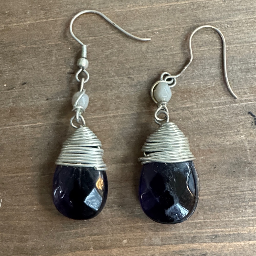 Handcrafted Silver Wire Wrapped Purple Teardrop Earrings